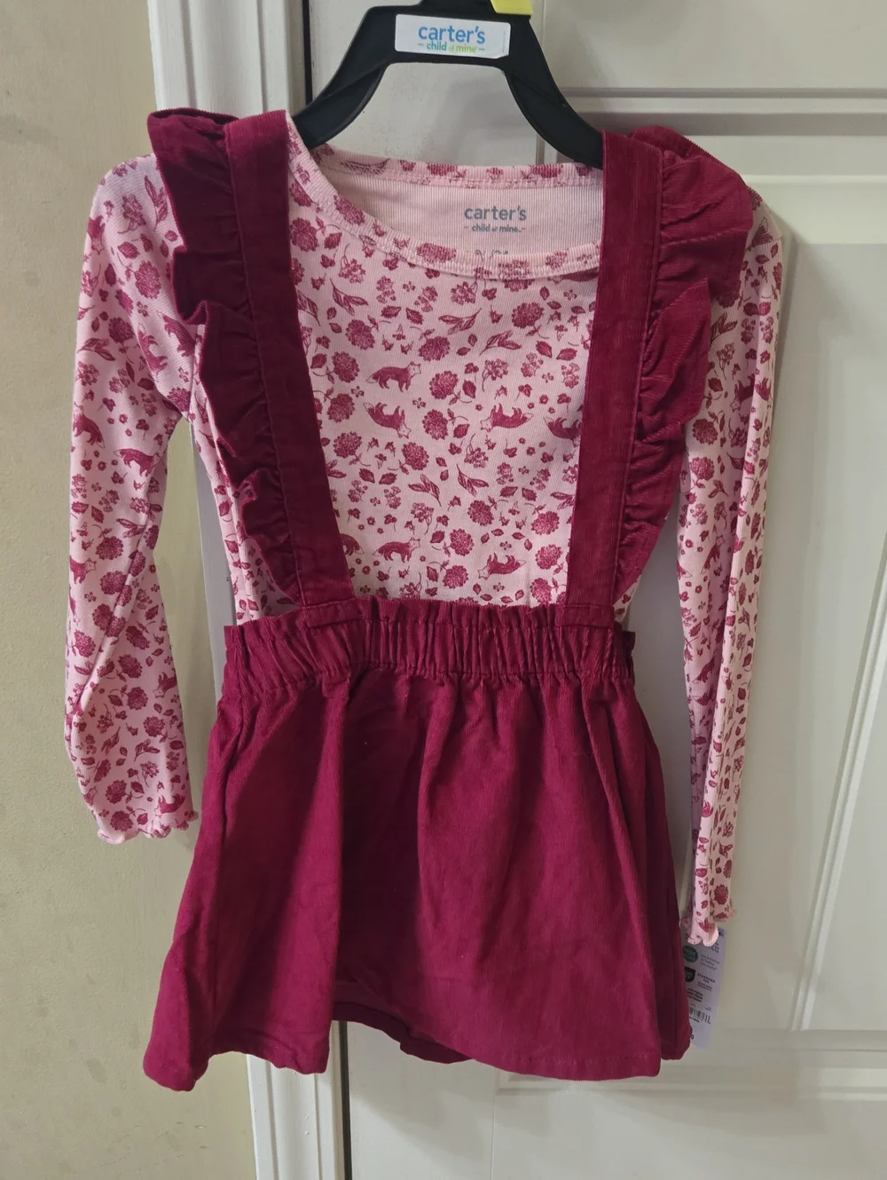 Carter's Child of Mine 3T Pink Floral Top with Burgundy Pinafore Dress